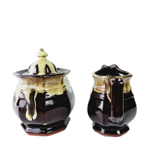 Vtg Van Briggle Glazed Drip Pottery Sugar Bowl & Creamer Set - Picture 4 of 10